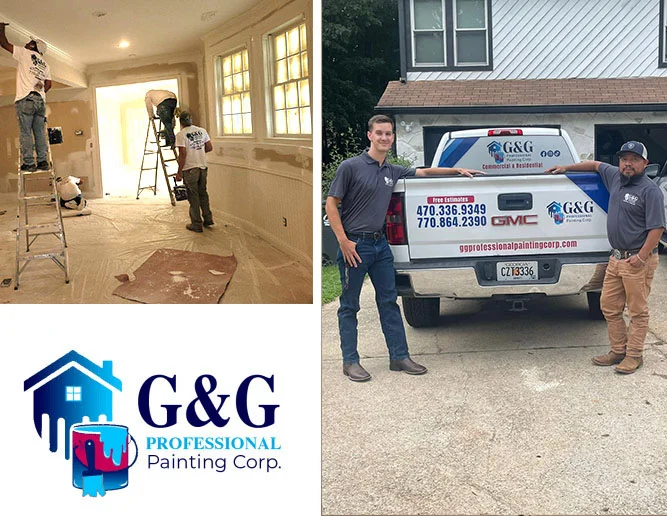 G&G Professional Painting crew at work inside an Atlanta home and beside the company truck